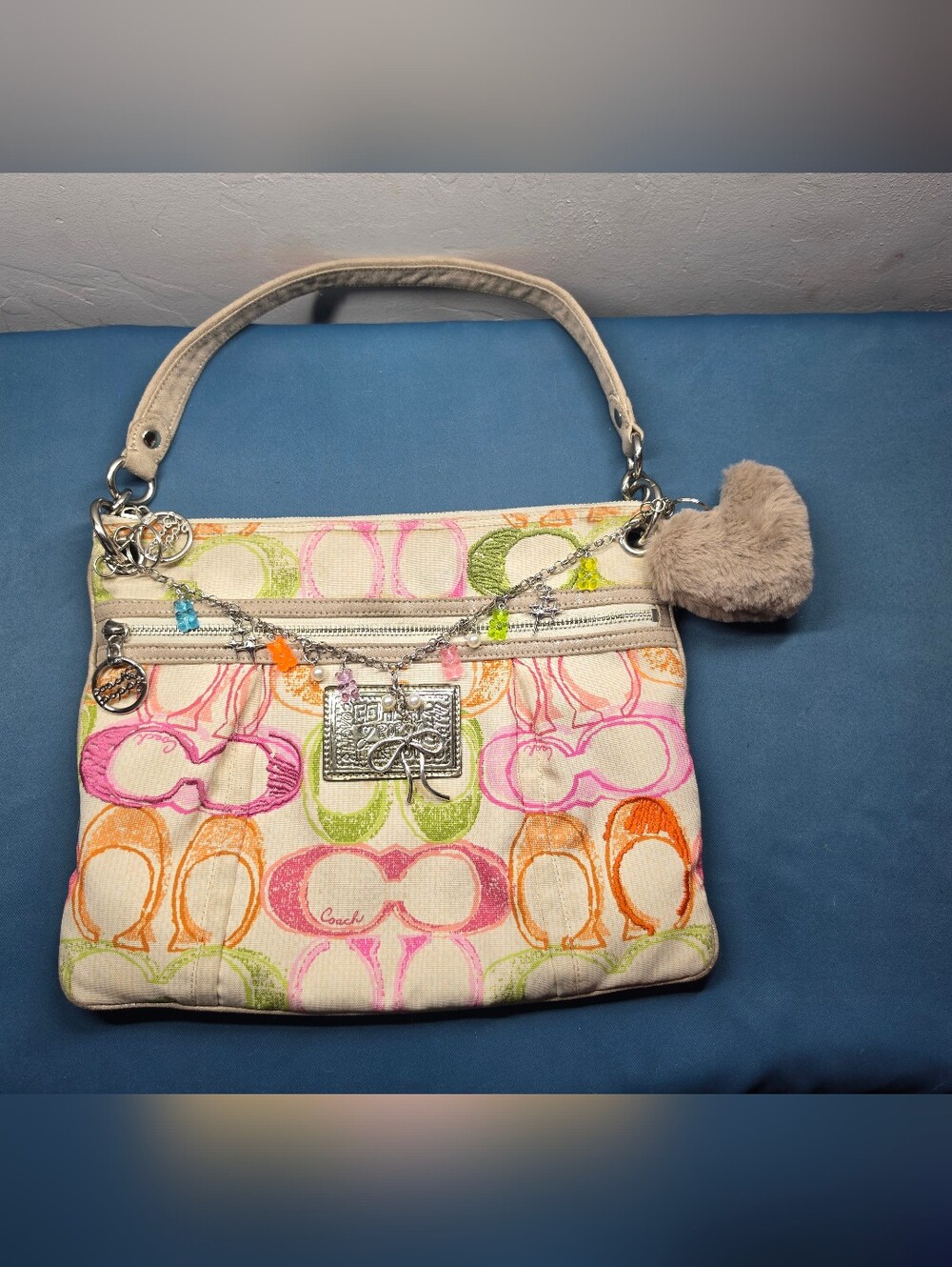 Coach Poppy Multicolor Canvas Hobo Shoulder Bag with Charm Accent